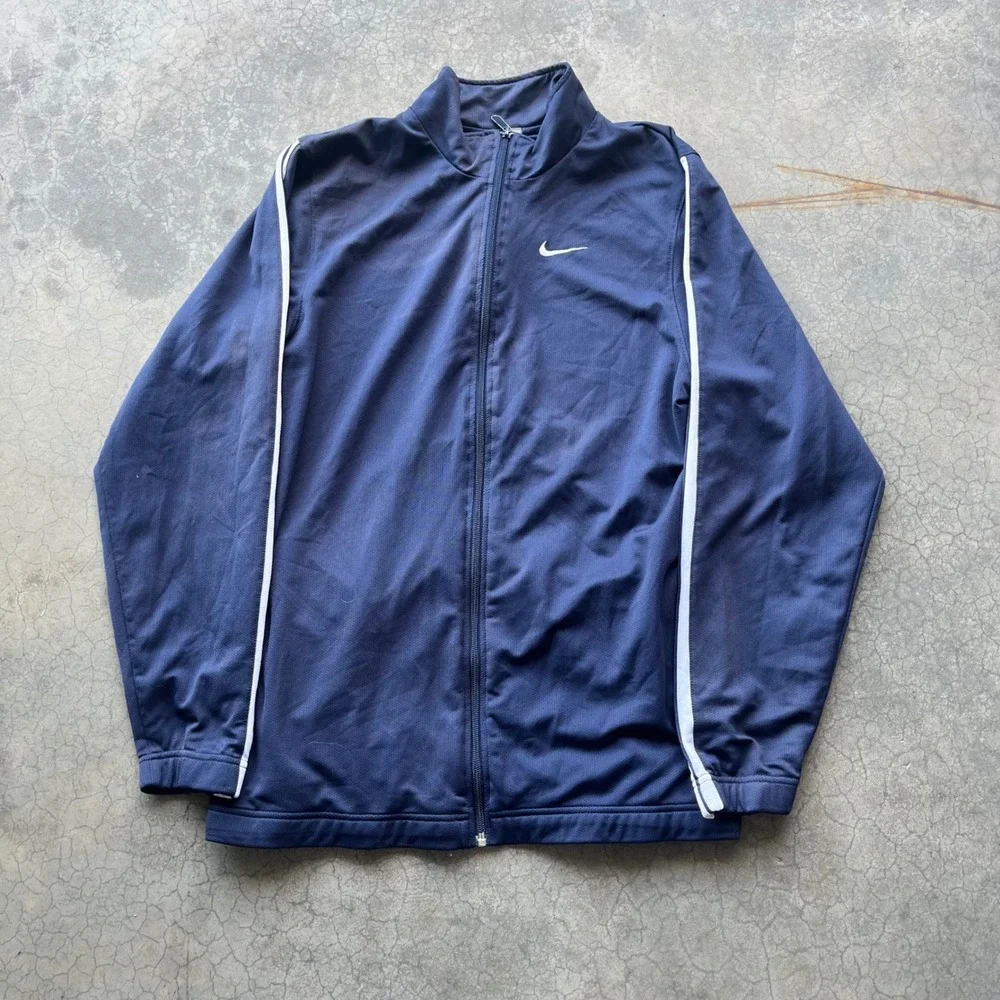 Nike Mens Track Jacket Navy Blue White Stripe Full Zip Swoosh Logo Medium